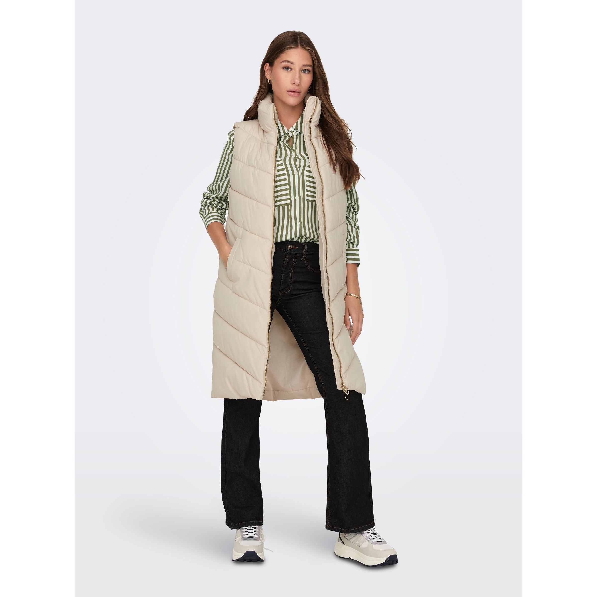 JDY Women's Cream Longline Padded Quilted Gilet Vest for Style and Warmth